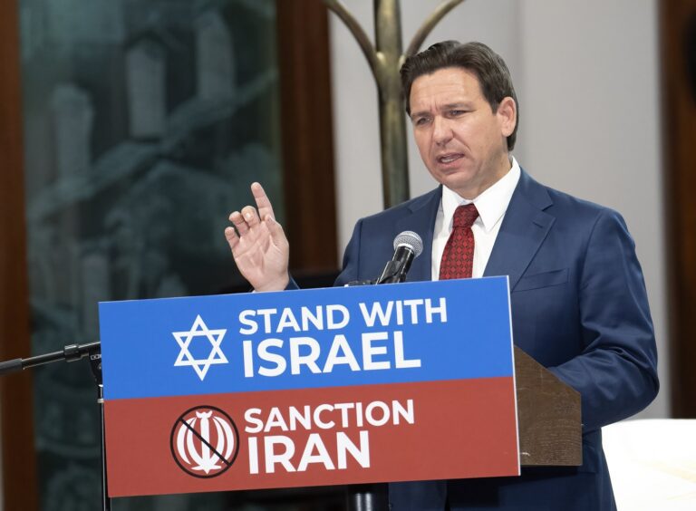 Florida Governor Ron DeSantis announces a proposal to increase Florida’s sanctions on Iran during a press conference in a synagogue in Surfside, Florida on October 10, 2023. The Governor called for increased sanctions against the Iranian regime following the deadly attacks by the Palestinian terror organization Hamas which claimed the lives of over 1000 Israeli civilians.